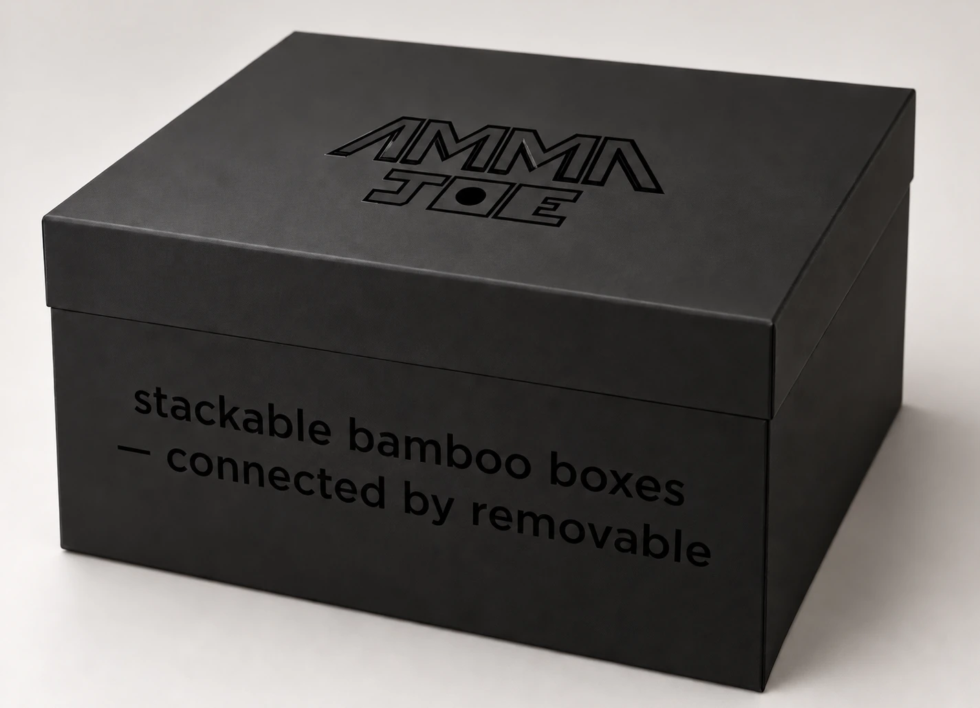 Coffret BAMBOX en carton noir mat avec logo et texte noirs brillants